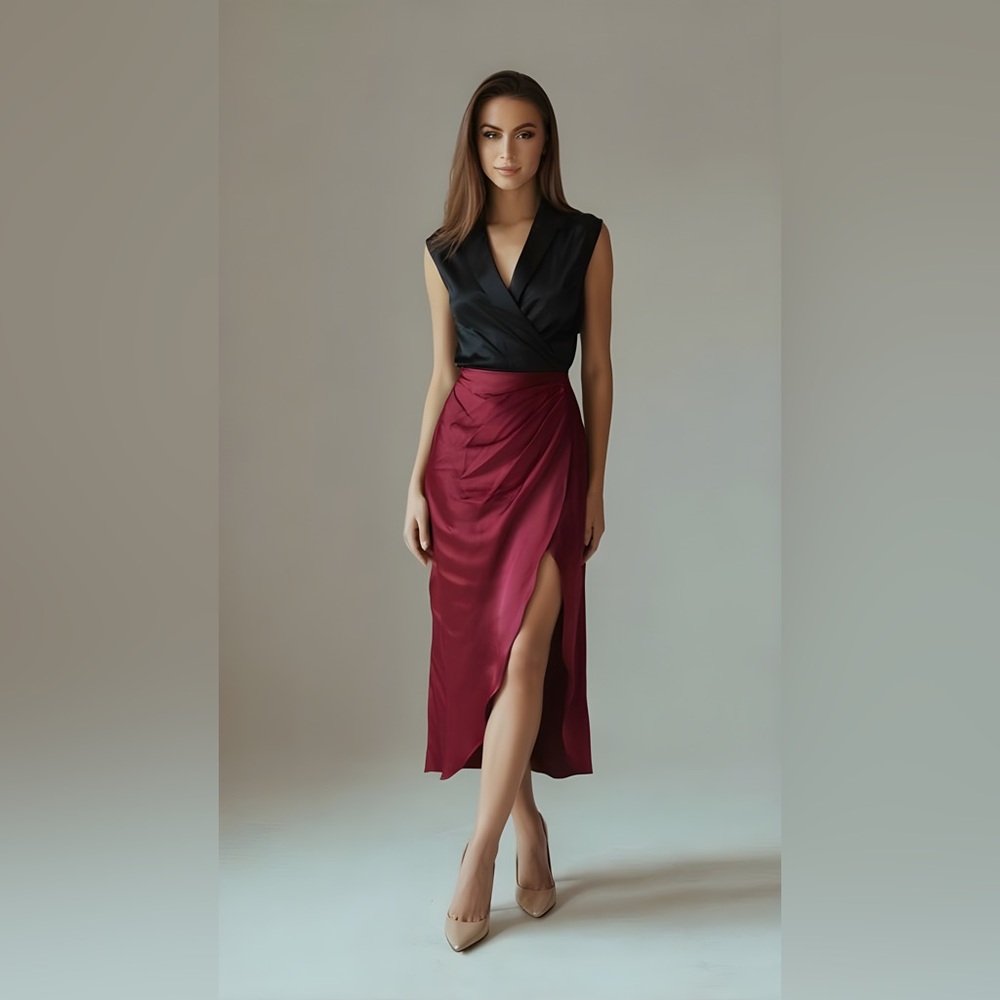 AIIFOS ORLA Skirt Metallic Satin MIDI Skirt In Metallic Red